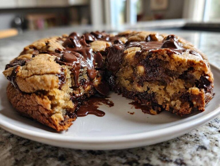 Close-up of a thick, gooey levain bakery chocolate chip cookies with melted chocolate oozing out.