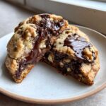 A thick levain bakery chocolate chip cookie cut in half showing melted chocolate and walnuts inside.