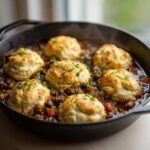 Close-up of savory ground beef and dumplings steaming in a black cast iron skillet, garnished with parsley.