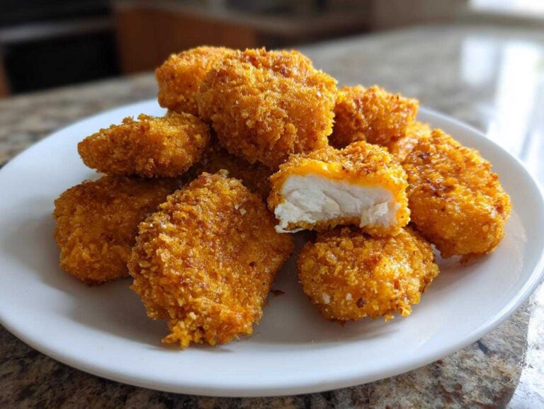 A pile of crispy, golden homemade chicken nuggets on a white plate, one nugget is broken open showing white chicken meat.