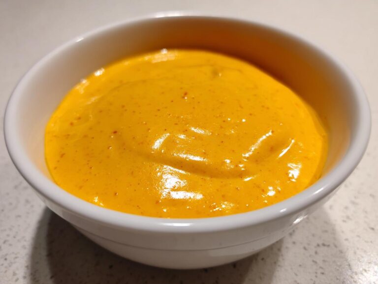 A close-up of rich, vibrant orange homemade nacho cheese sauce filling a small white bowl.