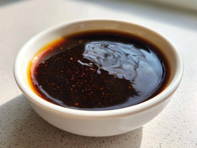 Close-up of thick, dark homemade teriyaki sauce with visible spice flecks in a small white bowl.