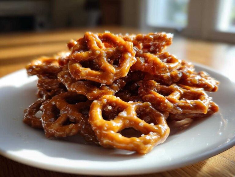 Close-up of a pile of shiny, caramel-coated toffee pretzels sprinkled with salt on a white plate.