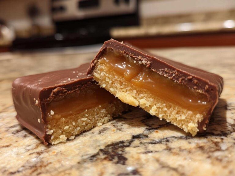 Close-up of a homemade twix bar cut in half, showing shortbread, gooey caramel, and chocolate coating.