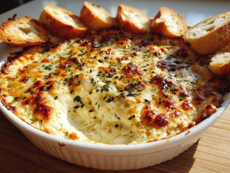A bubbling, hot cheese bread dip topped with herbs, served with toasted baguette slices for dipping.
