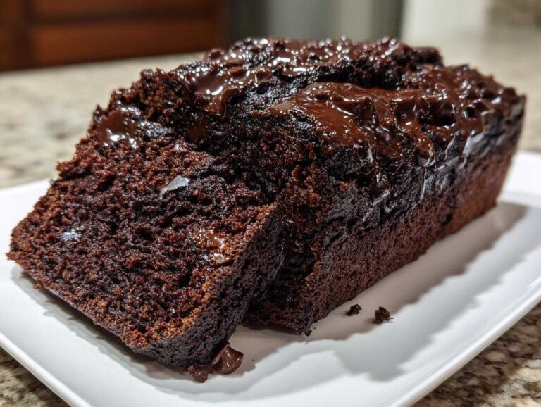 Two thick slices of rich, dark hot fudge brownie bread topped with glossy melted chocolate fudge.