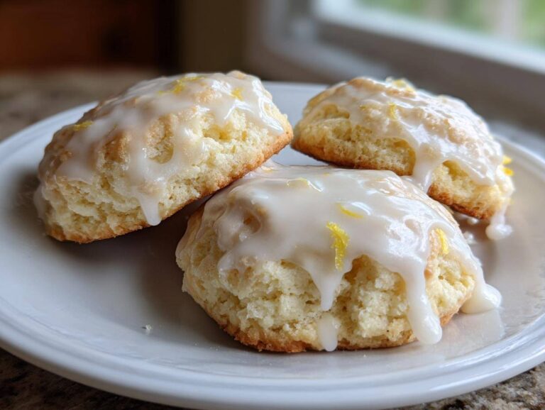 Three soft Italian ricotta cookies topped with thick lemon glaze and zest on a white plate.