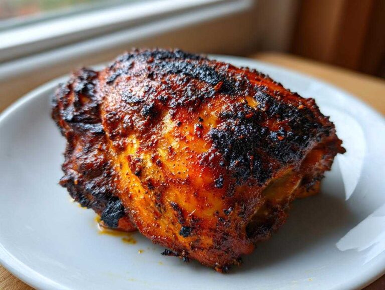 Close-up of a beautifully charred and glazed piece of jamaican jerk chicken on a white plate.