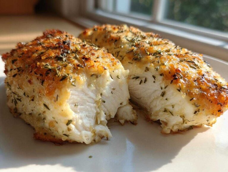 Close-up of two moist, perfectly cooked baked chicken breast halves seasoned with dried herbs.