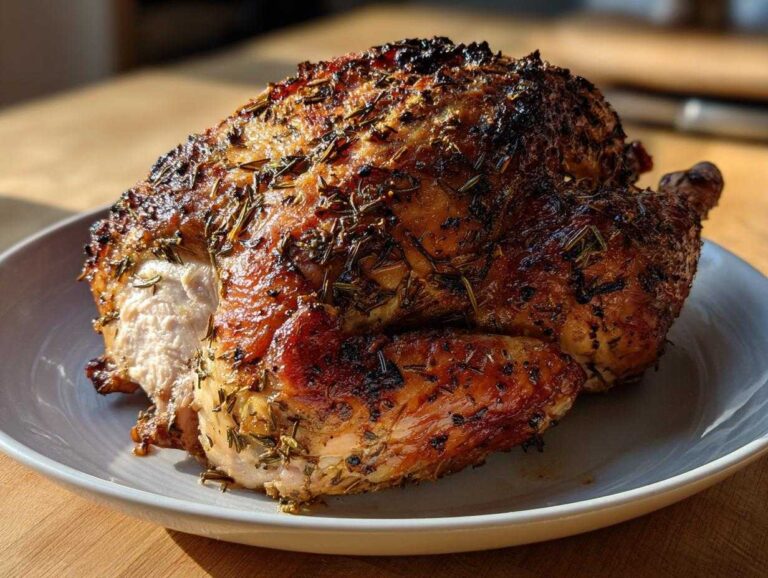 A beautifully roasted, juicy turkey with crispy, herb-crusted skin resting on a light gray platter.