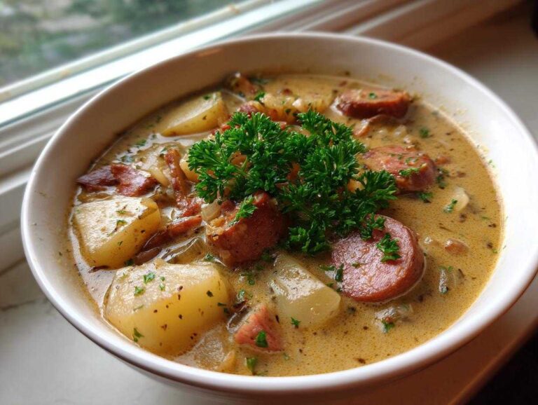 Close-up of a creamy bowl of kielbasa potato soup, featuring chunks of sausage, potatoes, and fresh parsley.