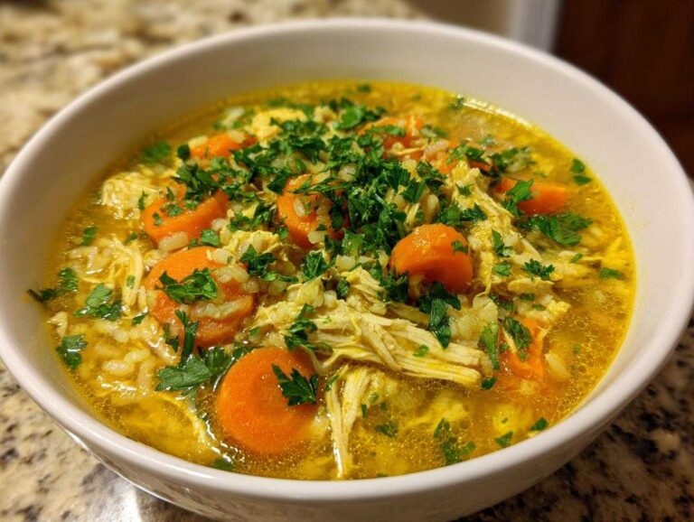 Close-up of a white bowl filled with bright yellow Lemon Ginger Turmeric Chicken and Rice Soup, topped with shredded chicken, carrots, and parsley.