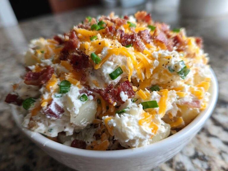 Close-up of loaded baked potato salad topped with bacon, shredded cheddar cheese, and chives in a white bowl.