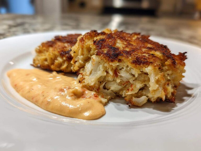 Close-up of two golden-brown maryland crab cakes, one cut open showing large chunks of crab meat, served with a side of creamy orange sauce.