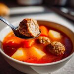A spoonful of perfectly cooked meatball lifted from a bowl of vibrant red albondigas soup containing potatoes and carrots.