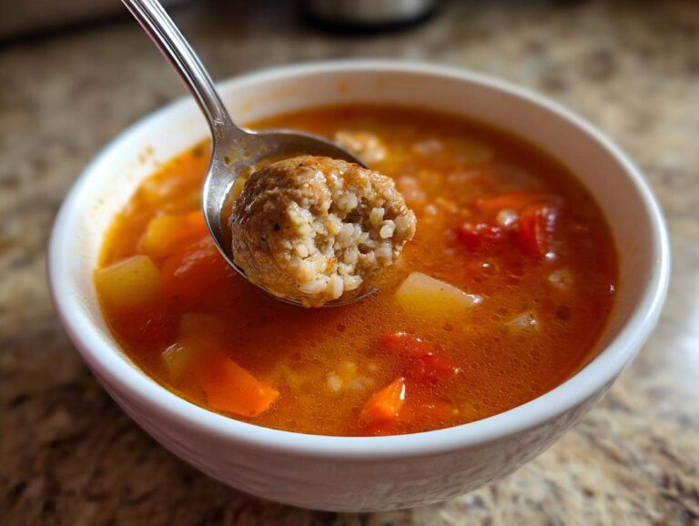 A spoonful lifts a rice-filled meatball from a bowl of rich, tomato-based albondigas soup with carrots and potatoes.