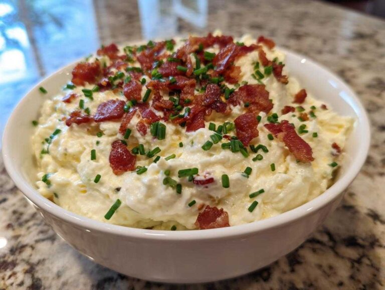 A close-up of a bowl filled with creamy million dollar dip, garnished generously with crumbled bacon and fresh green chives.