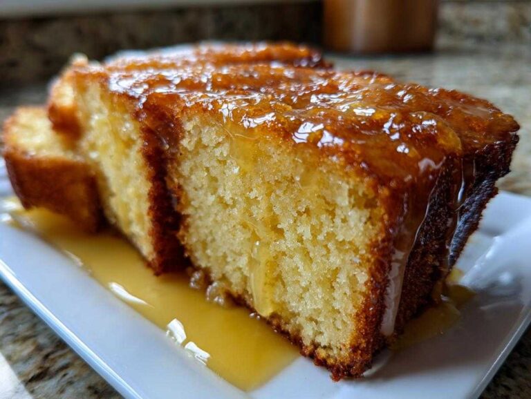 Close-up of moist slices of bacardi rum cake generously covered in a shiny, amber rum glaze on a white plate.
