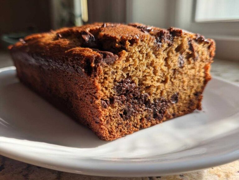 Close-up of a moist slice of chocolate chip banana bread recipe loaf on a white plate.