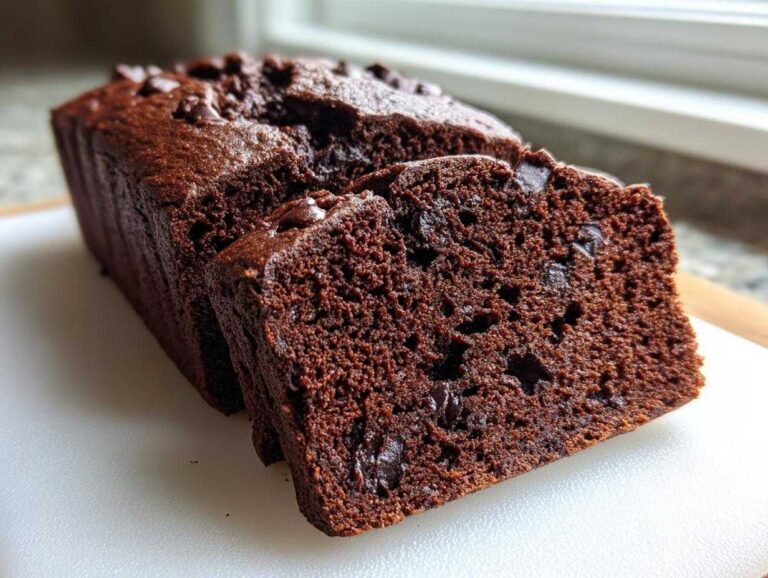 A close-up of moist chocolate bread, with one slice cut and leaning against the main loaf, showing rich texture and chocolate chips.