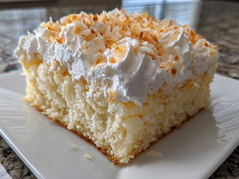 A close-up of a square slice of moist coconut poke cake topped with whipped cream and toasted coconut flakes.