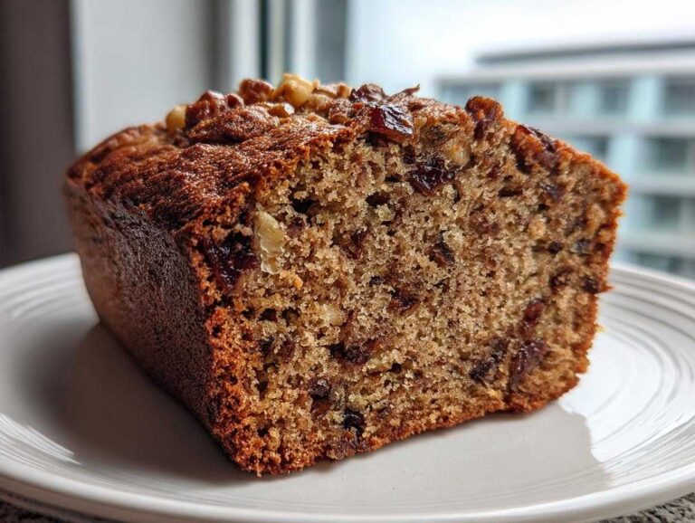 Close-up of a thick slice of moist date nut bread showing visible dates and walnuts throughout the crumb.