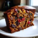 Close-up of a moist slice of fruit cake recipe packed with colorful dried and candied fruits on a white plate.