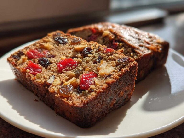 Close-up of two slices of moist fruit cake recipe packed with dried cherries and raisins on a white plate.