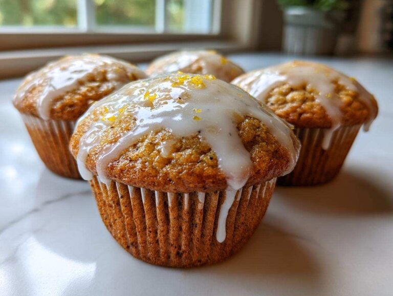 Close-up of four moist lemon poppy seed muffins topped with a thick white glaze and lemon zest.