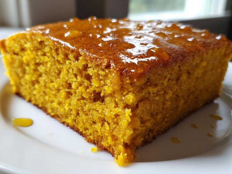 Close-up of a square slice of bright orange sweet potato cornbread topped with a shiny honey or maple glaze.