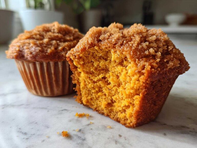 Close-up of a moist sweet potato muffin cut in half, showing the orange interior and crumb topping.