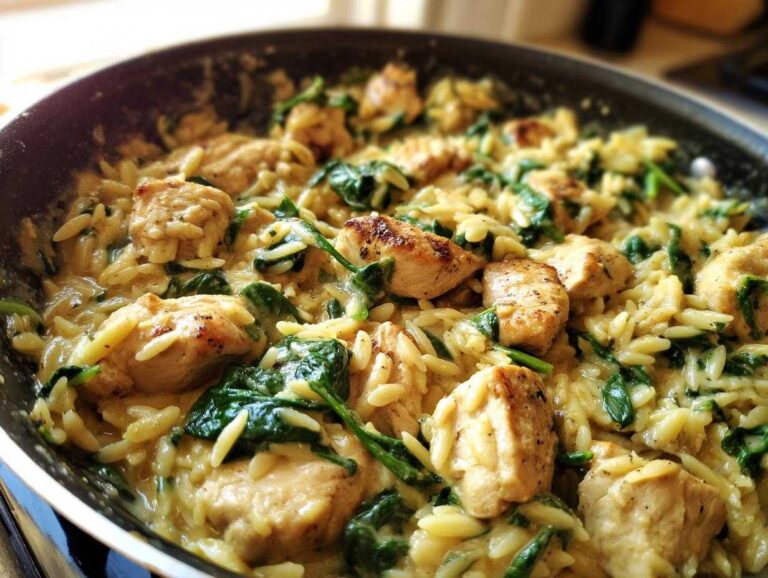 Close-up of creamy lemon chicken orzo mixed with wilted spinach in a black skillet.