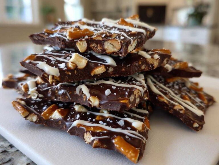 A stack of broken pieces of dark chocolate peanut butter pretzel bark, drizzled with white chocolate and sea salt.