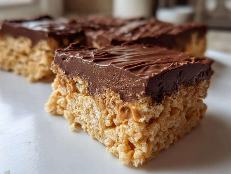 A close-up of a thick peanut butter rice krispie treats bar topped with a layer of melted chocolate.