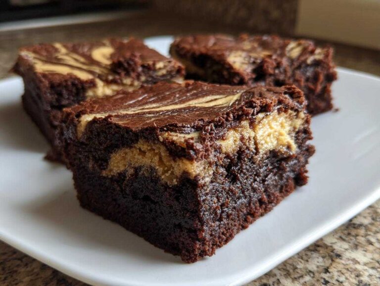 Close-up of fudgy peanut butter swirl brownies showing the dark chocolate base and creamy peanut butter layer.