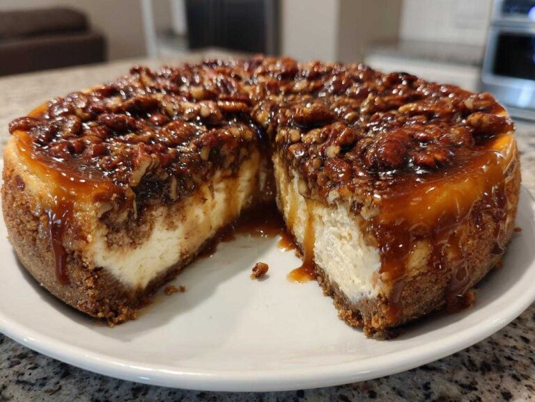 A rich pecan pie cheesecake with a thick layer of caramel and pecans on top, shown with a slice removed.