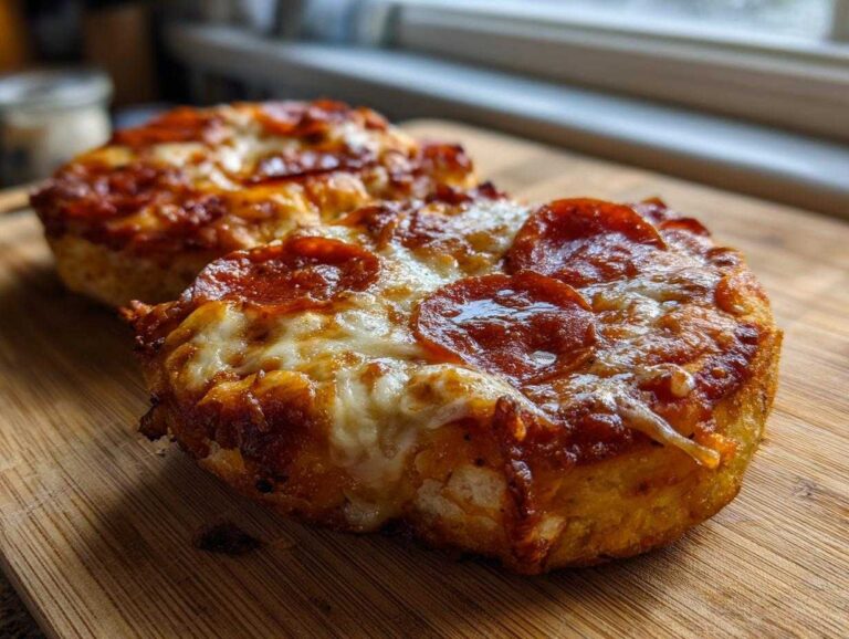Two freshly baked pepperoni english muffin pizza halves with melted, bubbly cheese sitting on a wooden cutting board.