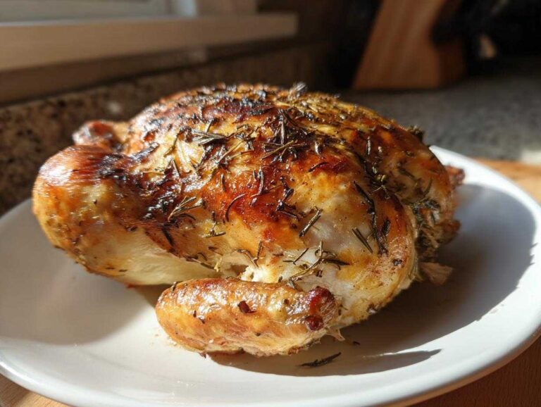 A whole roasted chicken with golden, crispy skin seasoned with rosemary, sitting on a white plate.