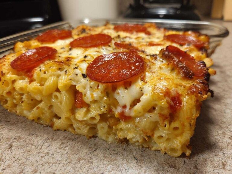 Close-up of a thick slice of baked pizza pasta bake featuring elbow macaroni, melted cheese, and pepperoni slices.
