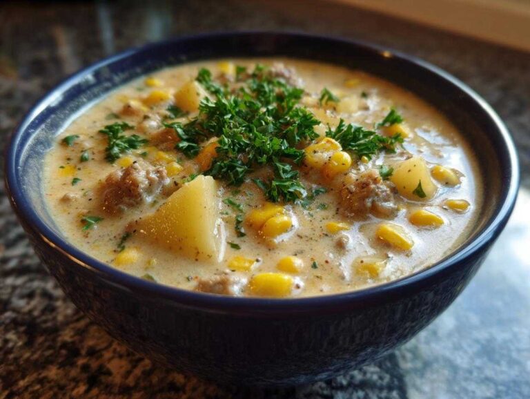 Close-up of a hearty bowl of potato and sausage chowder, rich with corn and topped with fresh parsley.