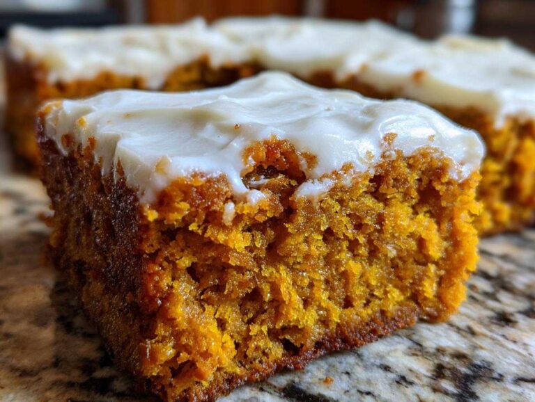 A thick, moist slice of orange pumpkin bars topped with generous cream cheese frosting.
