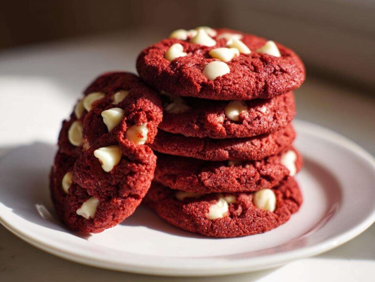 A stack of vibrant red velvet cake mix cookies studded with white chocolate chips, resting on a white plate.