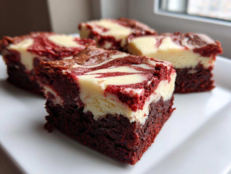 Four rich, fudgy red velvet cheesecake brownies with a marbled cream cheese swirl topping, served on a white plate.