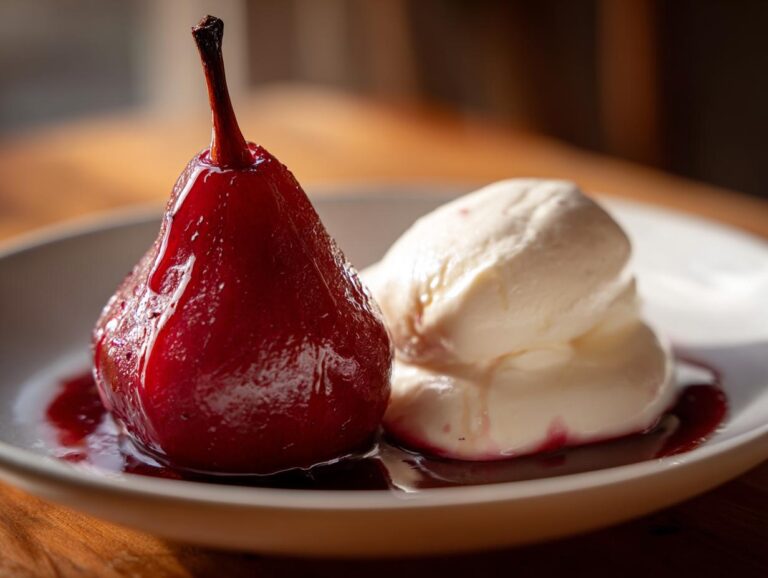A vibrant red wine poached pears served with a scoop of vanilla ice cream or cream on a white plate.