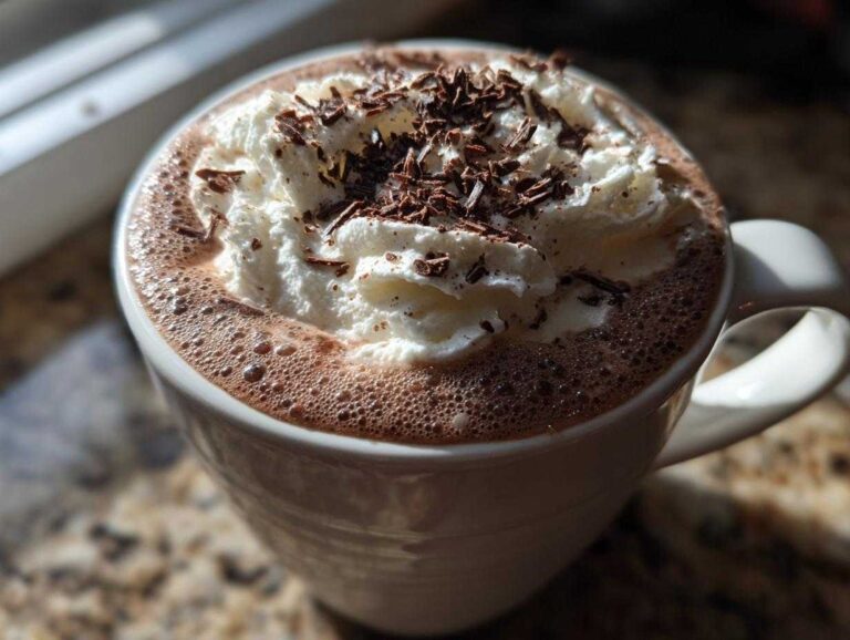 Close-up of a mug filled with rich boozy hot chocolate, topped with whipped cream and chocolate shavings.