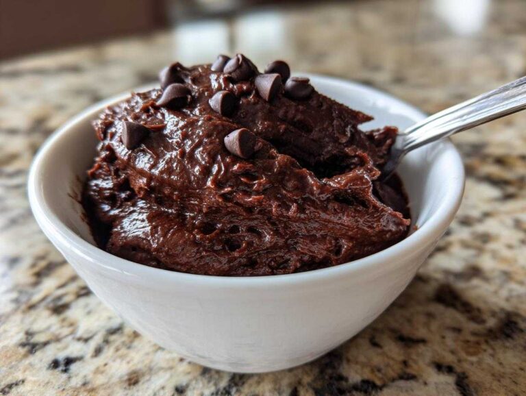 A close-up of rich, dark chocolate brownie batter dip in a white bowl, topped with mini chocolate chips.
