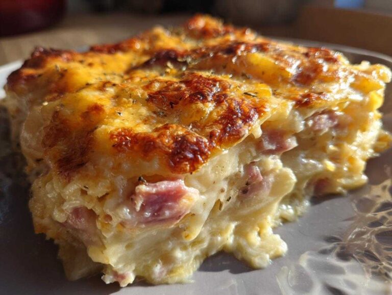 Close-up of a cheesy, baked slice of scalloped potatoes and ham with a golden-brown crust.