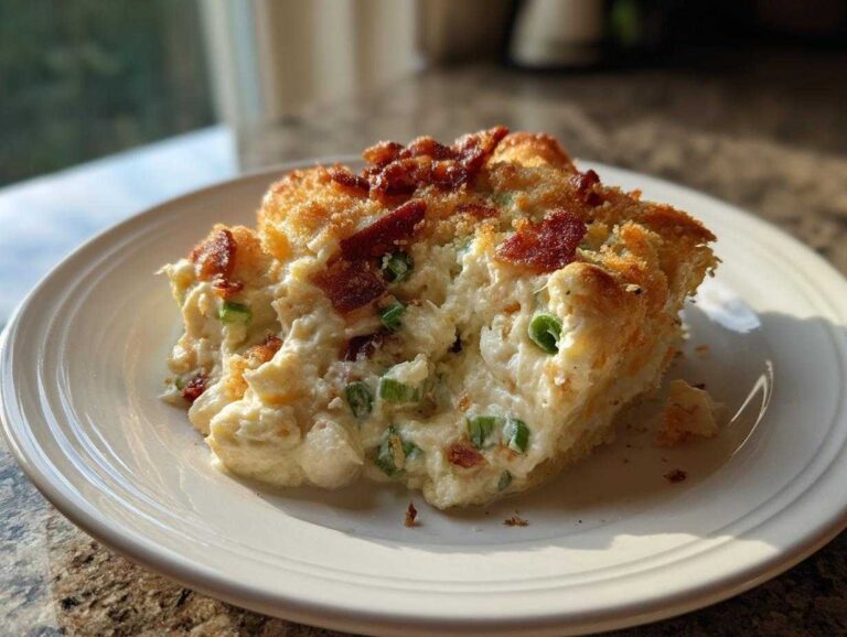A serving of creamy, baked popper dip topped with crispy bacon bits and green onions on a white plate.