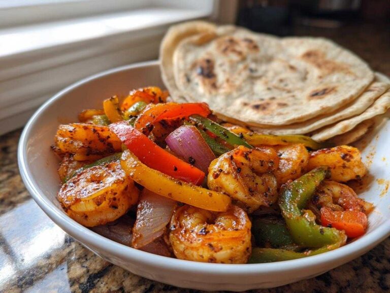 A close-up of seasoned shrimp fajitas with colorful bell peppers and onions, served with a stack of warm tortillas.