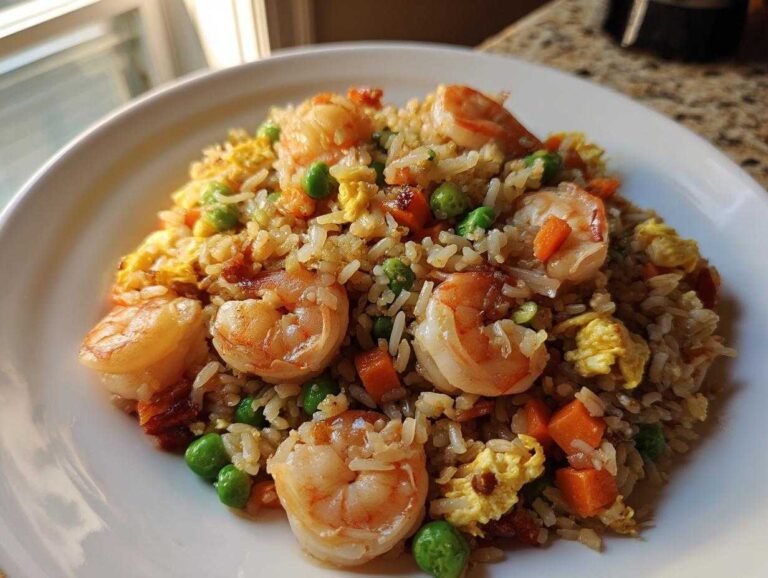 A close-up, bright photo of homemade shrimp fried rice featuring plump shrimp, scrambled egg, peas, and diced carrots on a white plate.